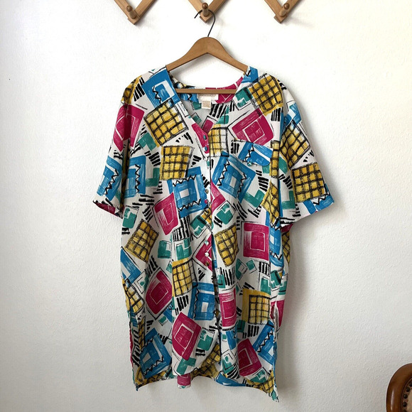 VTG Christie & Jill neon‎ abstract blouse flowy artsy tunic XL texture 80s 90s - Picture 1 of 6
